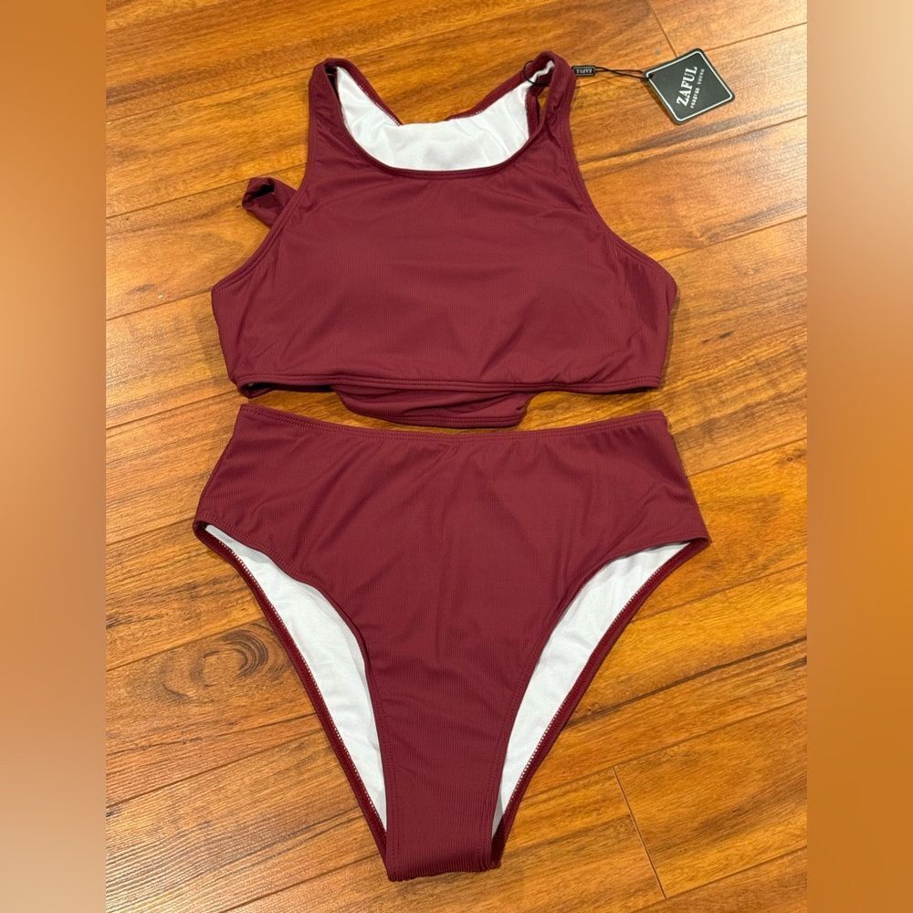 ZAFUL Bikini Scoop Neck Tank Side Cutout Midkini Stitching Wine Red NWT